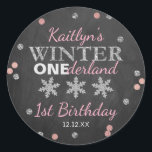 Winter ONEderland Chalkboard 1st Birthday Classic Round Sticker<br><div class="desc">Celebrate in style with these trendy 1st birthday party thank you stickers. The design is easy to personalize with your own wording and your family and friends will be thrilled when they see these fabulous stickers.</div>