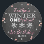 Winter ONEderland Chalkboard 1st Birthday Classic Round Sticker<br><div class="desc">Celebrate in style with these trendy 1st birthday party thank you stickers. The design is easy to personalize with your own wording and your family and friends will be thrilled when they see these fabulous stickers.</div>
