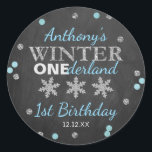 Winter ONEderland Chalkboard 1st Birthday Classic Round Sticker<br><div class="desc">Celebrate in style with these trendy 1st birthday party thank you stickers. The design is easy to personalize with your own wording and your family and friends will be thrilled when they see these fabulous stickers.</div>
