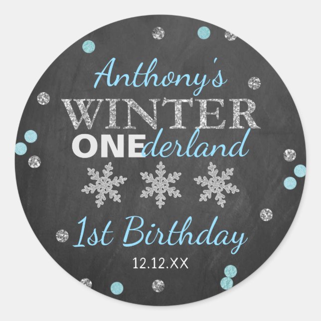 Winter ONEderland Chalkboard 1st Birthday Classic Round Sticker (Front)