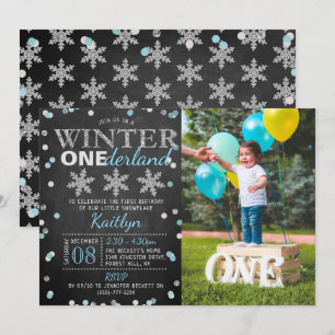 Winter ONEderland Chalkboard 1st Birthday Photo Invitation