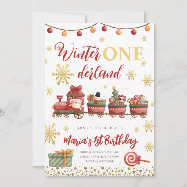Winter Onederland Christmas train Gold Birthday Invitation (Front)
