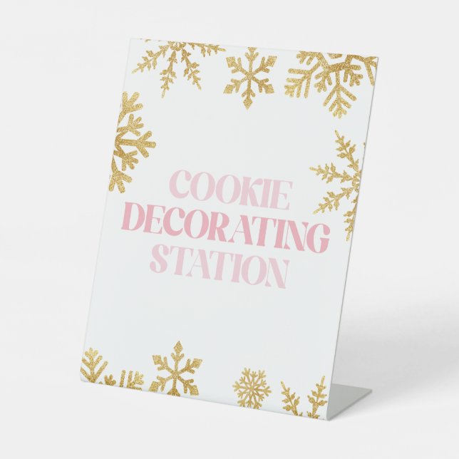 Winter Onederland Cookie Decorating Pink Gold Pedestal Sign (Front)