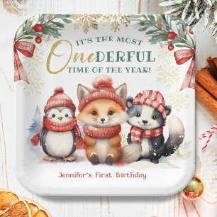 Winter Onederland Cute Snow Animals 1st Birthday Paper Plate