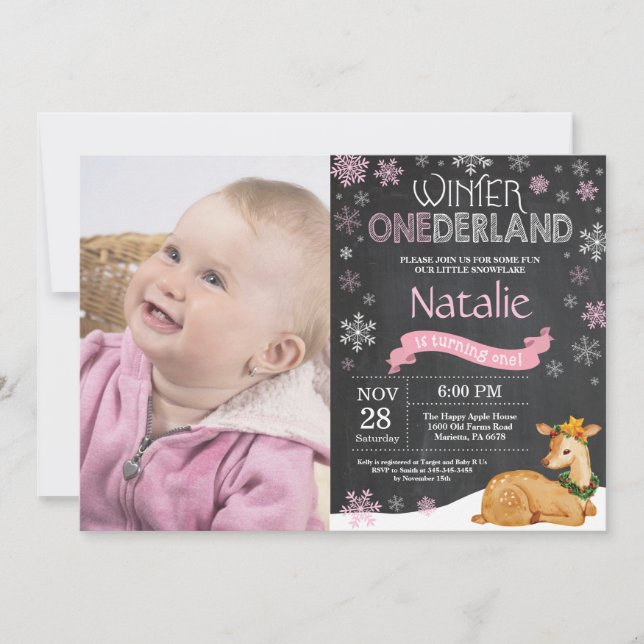 Winter Onederland Deer 1st Birthday Invitation (Front)