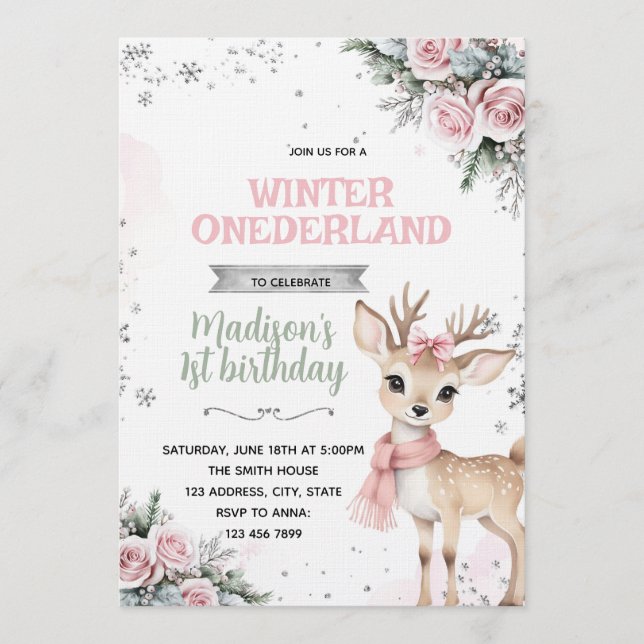 Winter Onederland deer invitation (Front)