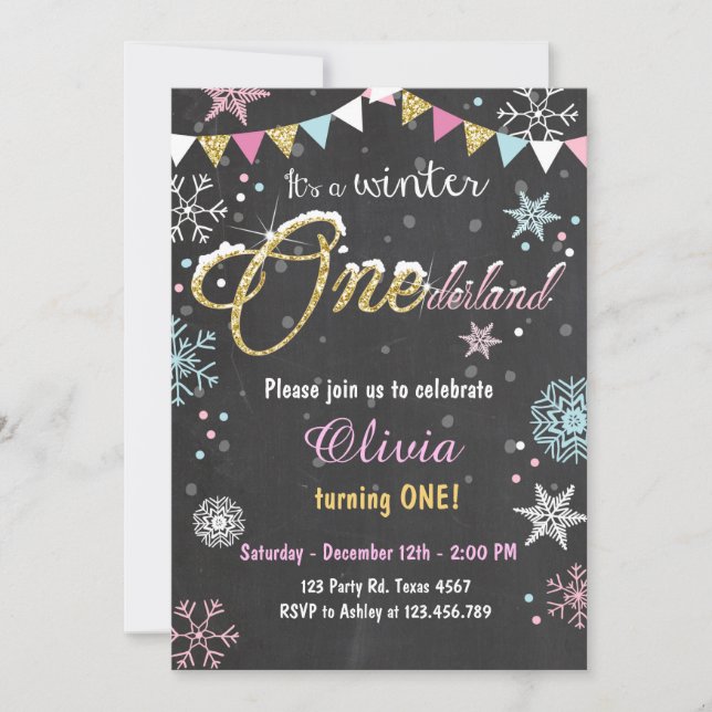 Winter Onederland fête d'anniversaire invitation f (Devant)