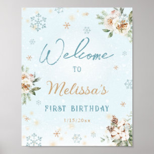 Winter Onederland First 1st Birthday Blue Welcome Poster