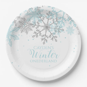 Winter Onederland first birthday blue and silver P Paper Plate