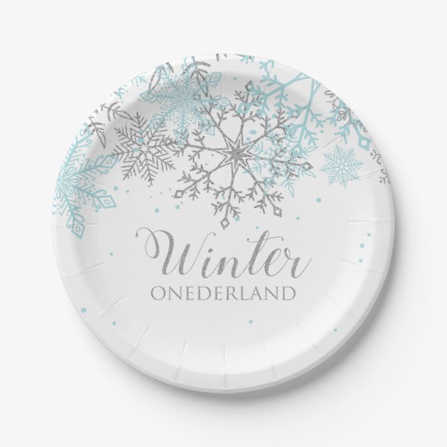 Winter Onederland first birthday blue and silver Paper Plate (Front)