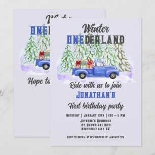 Winter Onederland First Birthday Blue Truck Boys Invitation