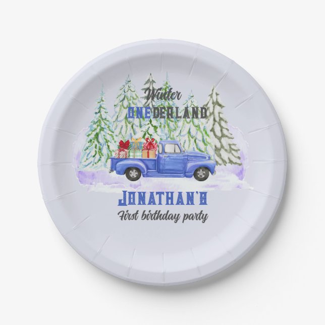 Winter Onederland First Birthday blue truck presen Paper Plate (Front)