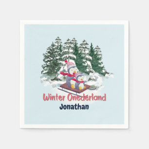 Winter Onederland First Birthday Cute Penguins on Napkin