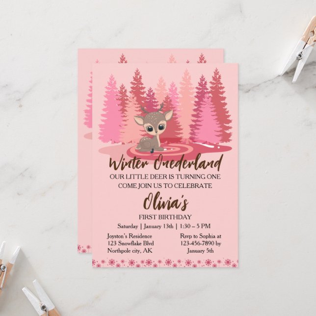 Winter Onederland First Birthday Deer Pink Forest Invitation (Front/Back In Situ)