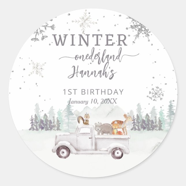 Winter Onederland First Birthday Favour Classic Round Sticker (Front)