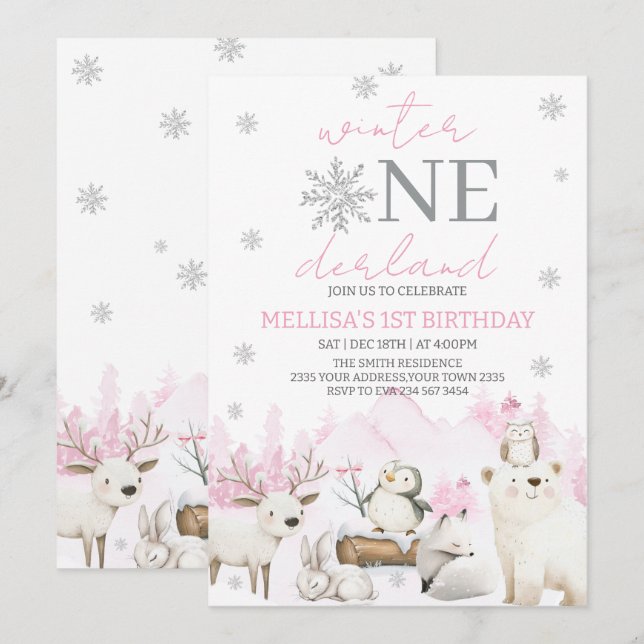 Winter ONEderland first birthday Invitation (Front/Back)