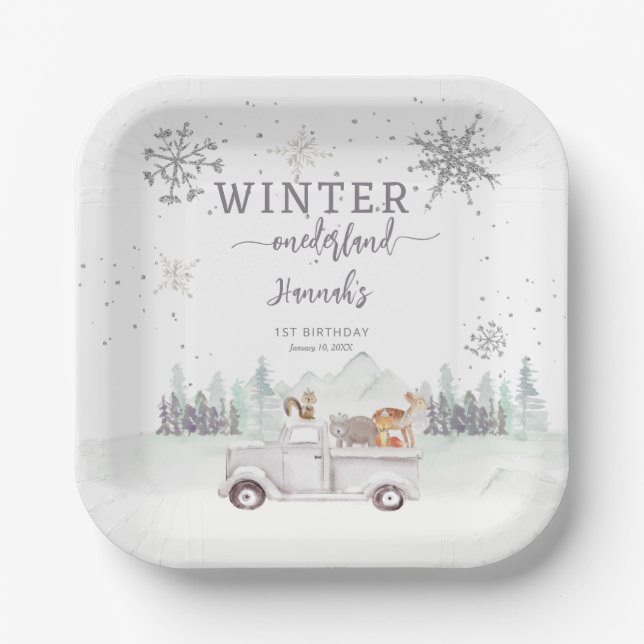 Winter Onederland First Birthday Paper Plate (Front)