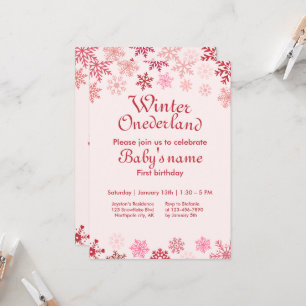 Winter Onederland First Birthday pink snowflake  Invitation