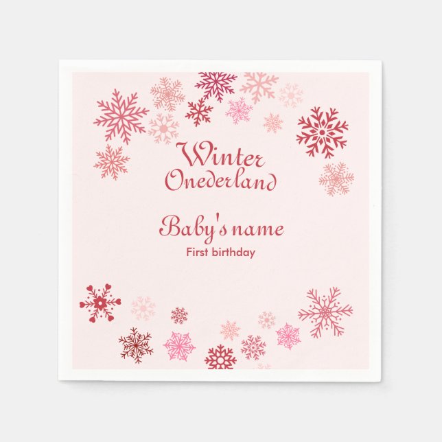 Winter Onederland First Birthday pink snowflake  Napkin (Front)
