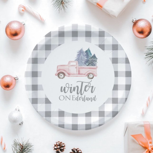 Winter Onederland First Birthday pink truck Paper Plate (Creator Uploaded)