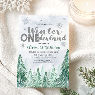 Winter Onederland First Birthday Snowflakes Forest Invitation