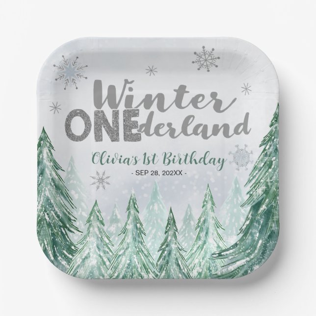 Winter Onederland First Birthday Snowflakes Forest Paper Plate (Front)