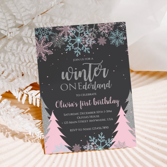 Winter Onederland First Birthday Snowflakes Trees Invitation (Creator Uploaded)