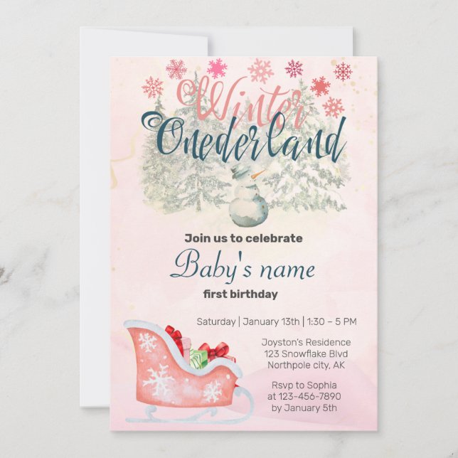 Winter Onederland First Birthday Snowman Pink  Invitation (Front)