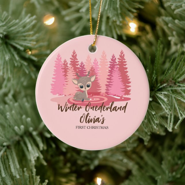 Winter Onederland First Christmas Deer Pink Forest Ceramic Ornament (Tree)