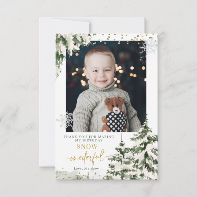 Winter Onederland Forest First Birthday with photo Thank You Card (Front)