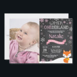 Winter Onederland Fox 1st Birthday Invitation<br><div class="desc">Winter Onederland Fox 1st Birthday Invitation with custom photo. Fox. Pink and White Snowflake. First Birthday. Girl 1st Bday Invite. Chalkboard Background. Black and White. For further customization,  please click the "Customize it" button and use our design tool to modify this template.</div>
