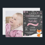 Winter Onederland Fox 1st Birthday Invitation<br><div class="desc">Winter Onederland Fox 1st Birthday Invitation with custom photo. Fox. Pink and White Snowflake. First Birthday. Girl 1st Bday Invite. Chalkboard Background. Black and White. For further customization,  please click the "Customize it" button and use our design tool to modify this template.</div>