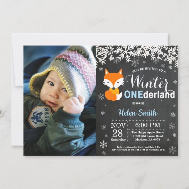 Winter Onederland Fox Boy 1st Birthday Invitation (Front)