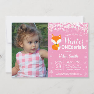 Winter Onederland Fox Girl 1st Birthday Photo Invitation