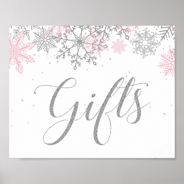 Winter Onederland Gifts Pink Silver Snowflake Poster (Front)