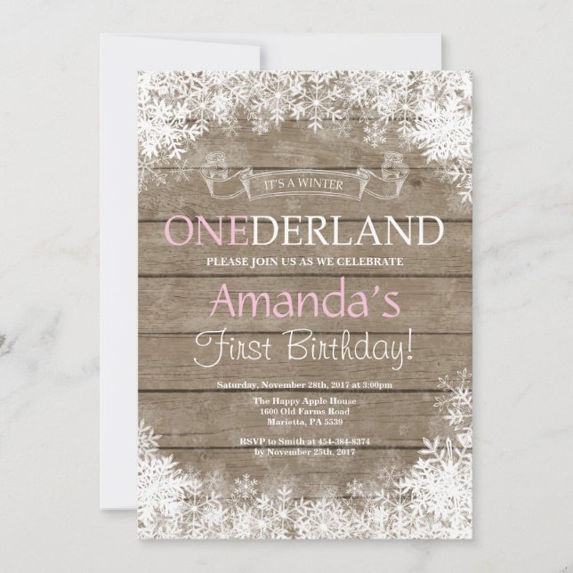 Winter Onederland Girl 1st Birthday Invitation (Front)