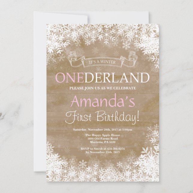 Winter Onederland Girl 1st Birthday Invitation (Front)