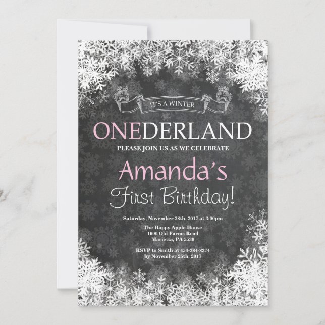 Winter Onederland Girl 1st Birthday Invitation (Front)