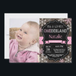 Winter Onederland Girl 1st Birthday Invitation<br><div class="desc">Winter Onederland Girl 1st Birthday Invitation with custom photo. Pink and White Snowflake. First Birthday. Girl 1st Bday Invite. Rustic Wood Chalkboard Background. Black and White. Pink Ribbon. For further customization,  please click the "Customize it" button and use our design tool to modify this template.</div>