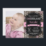 Winter Onederland Girl 1st Birthday Invitation<br><div class="desc">Winter Onederland Girl 1st Birthday Invitation with custom photo. Pink and White Snowflake. First Birthday. Girl 1st Bday Invite. Rustic Wood Chalkboard Background. Black and White. Pink Ribbon. For further customization,  please click the "Customize it" button and use our design tool to modify this template.</div>