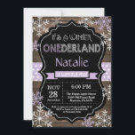 Winter Onederland Girl 1st Birthday Invitation<br><div class="desc">Winter Onederland Girl 1st Birthday Invitation. Purple Lilac Lavender and White Snowflake. First Birthday. Girl 1st Bday Invite. Rustic Wood Chalkboard Background. Black and White. Purple Ribbon. For further customization,  please click the "Customize it" button and use our design tool to modify this template.</div>