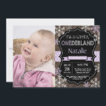 Winter Onederland Girl 1st Birthday Invitation<br><div class="desc">Winter Onederland Girl 1st Birthday Invitation with custom photo. Purple Lilac Lavender and White Snowflake. First Birthday. Girl 1st Bday Invite. Rustic Wood Chalkboard Background. Black and White. Purple Ribbon. For further customization,  please click the "Customize it" button and use our design tool to modify this template.</div>