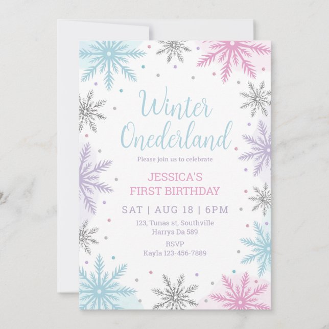 Winter Onederland Girl 1st Birthday Invitation (Front)