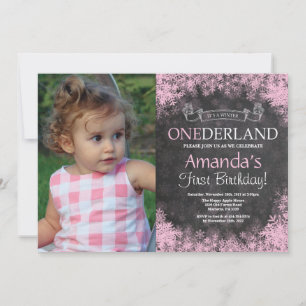Winter Onederland Girl 1st Birthday Photo Invitation