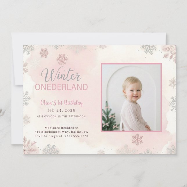 Winter Onederland Girl Photo First Birthday Invitation (Front)