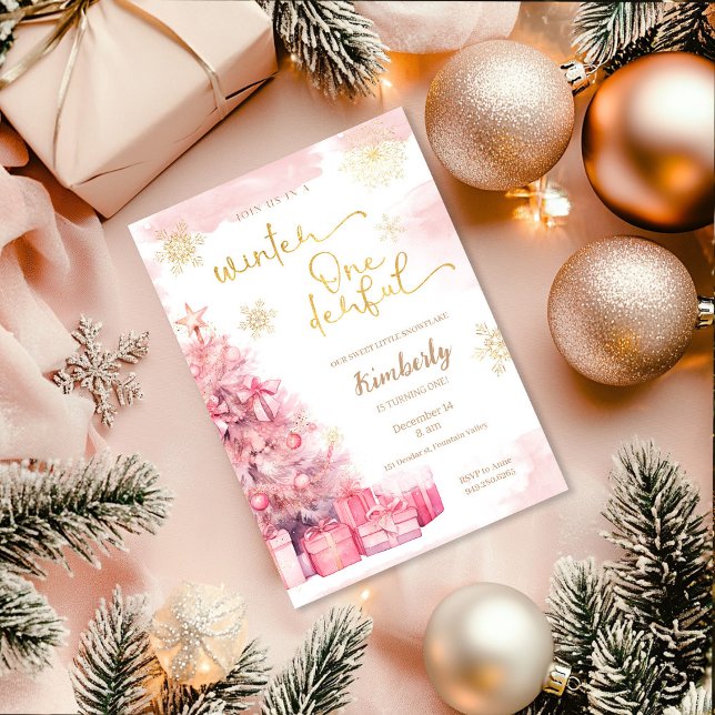 Winter Onederland Girl Pink Gold 1st Birthday Invitation (Creator Uploaded)