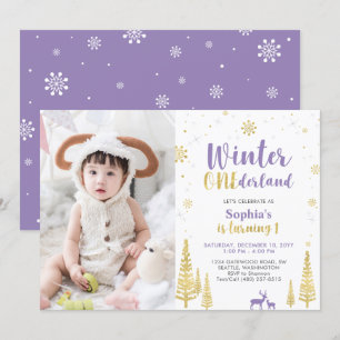 Winter Onederland, Girl Purple 1st Photo Birthday Invitation