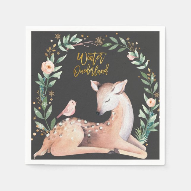Winter ONEderland Gold Deer Greenery Woodland Napkin (Front)