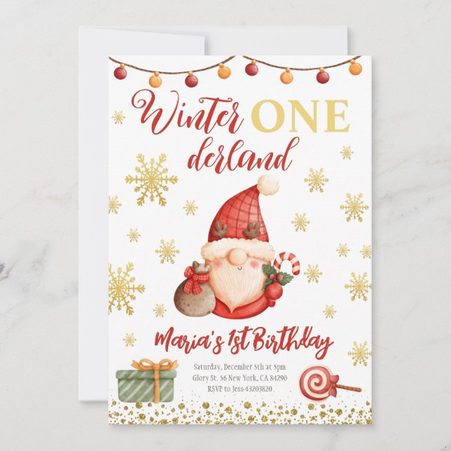 Winter Onederland Gold Gnome Invitation Anniversai (Devant)