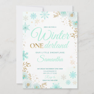 Winter ONEderland Green Snowflake 1st Invitation